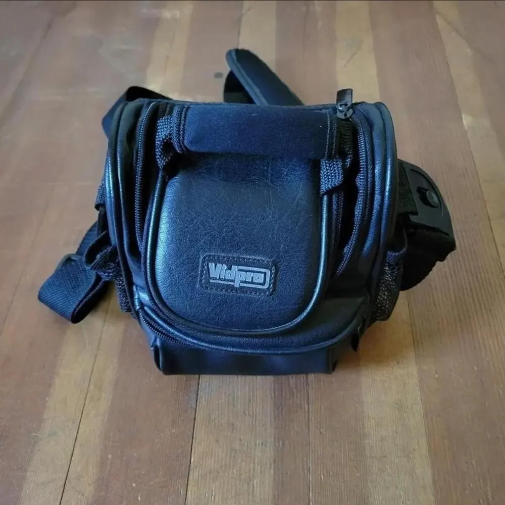 Vtg 90s VIDPRO Multi Zip Pocket Mesh Pocket Leather Camera Bag Case Sm/ Med